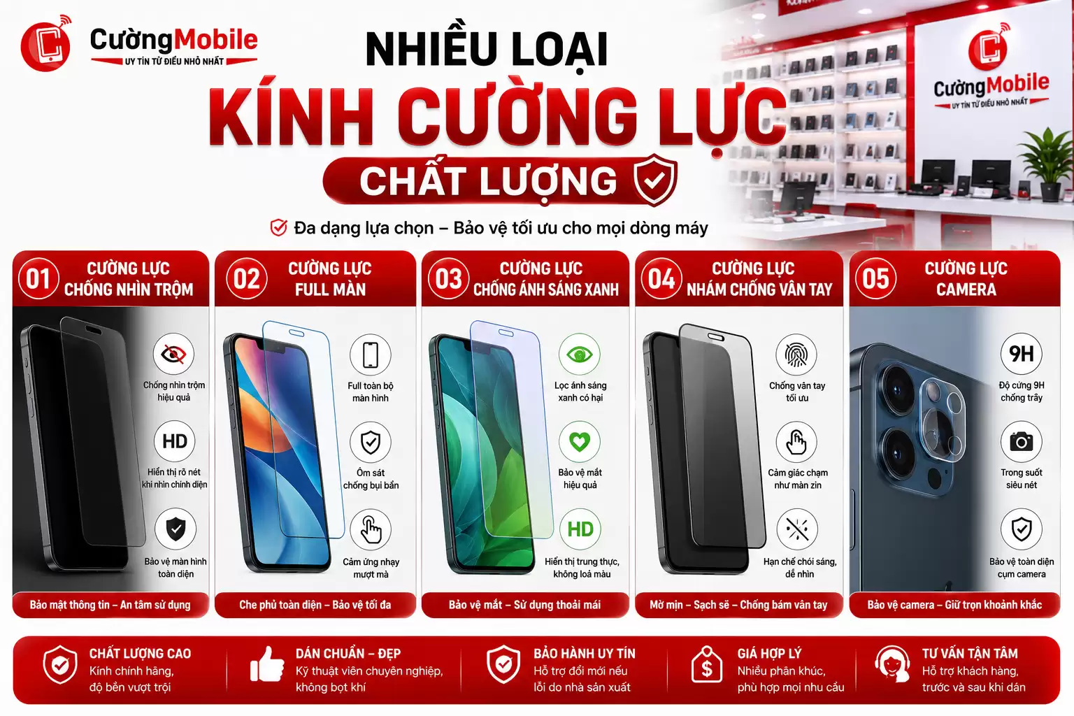 Nhiều loại kính cường tại cửa hàng