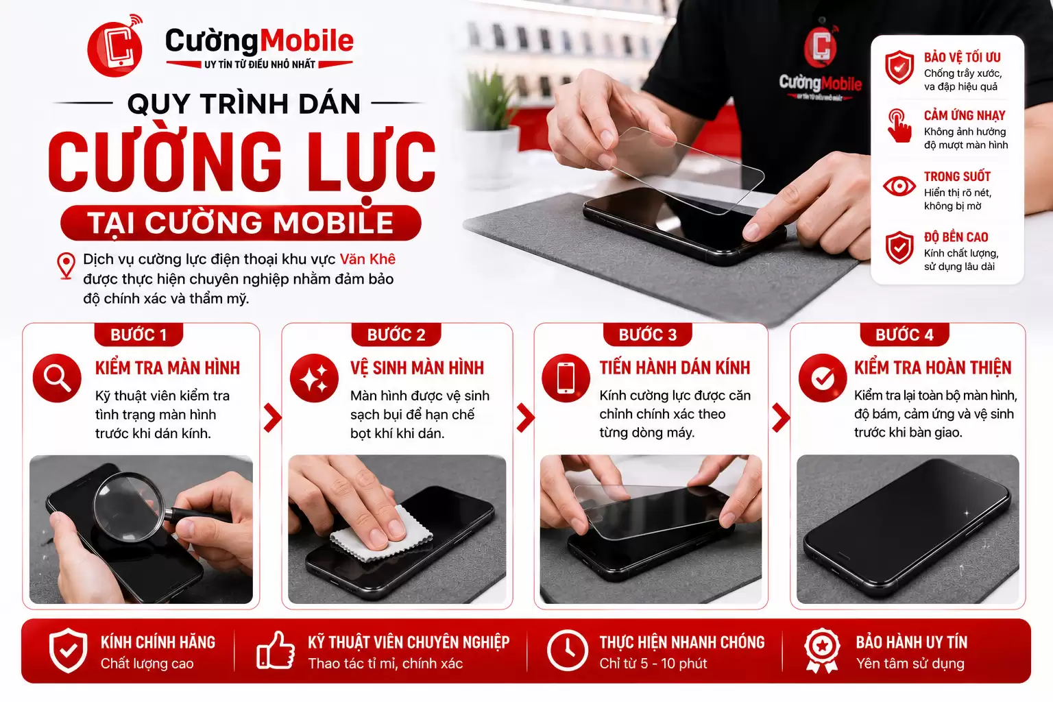 Quy trình dán kính cường lực tại Cường Mobile