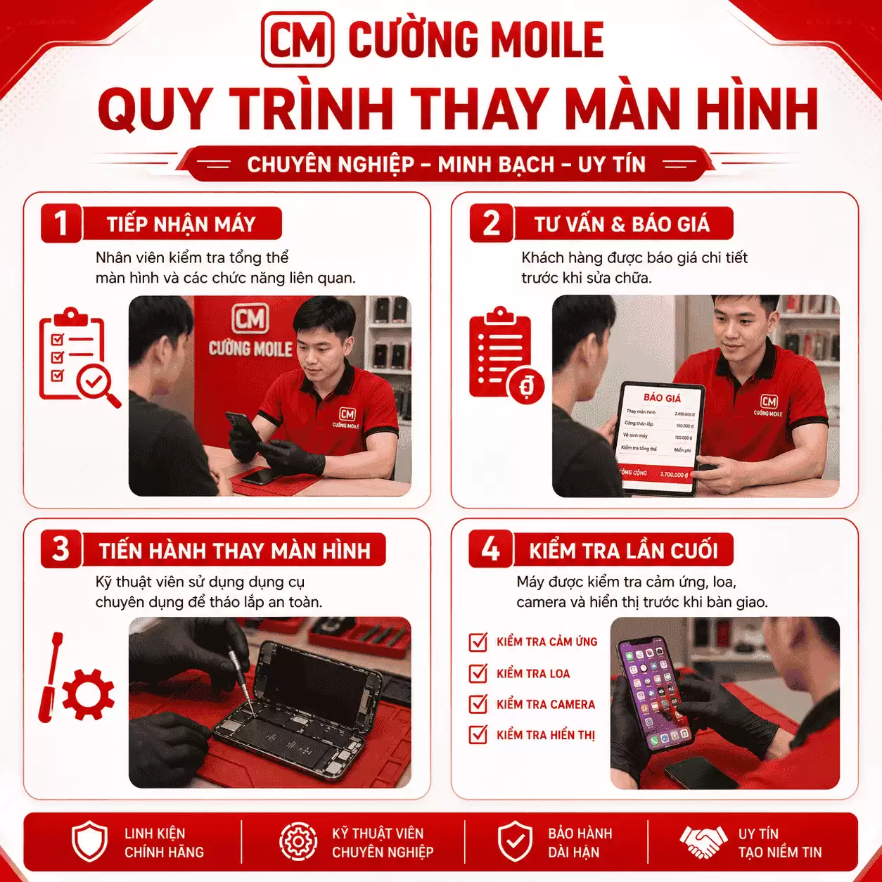 Quy trình thay màn hình iện thoại tại Cường Mobile 