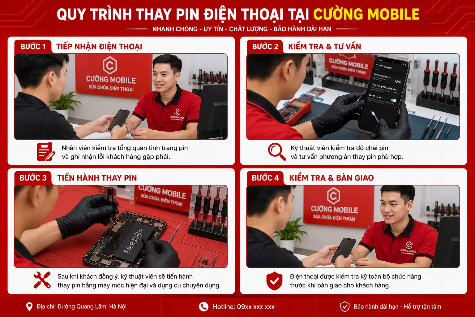 Quy trình thay pin tại cửa hàng Cường Mobile